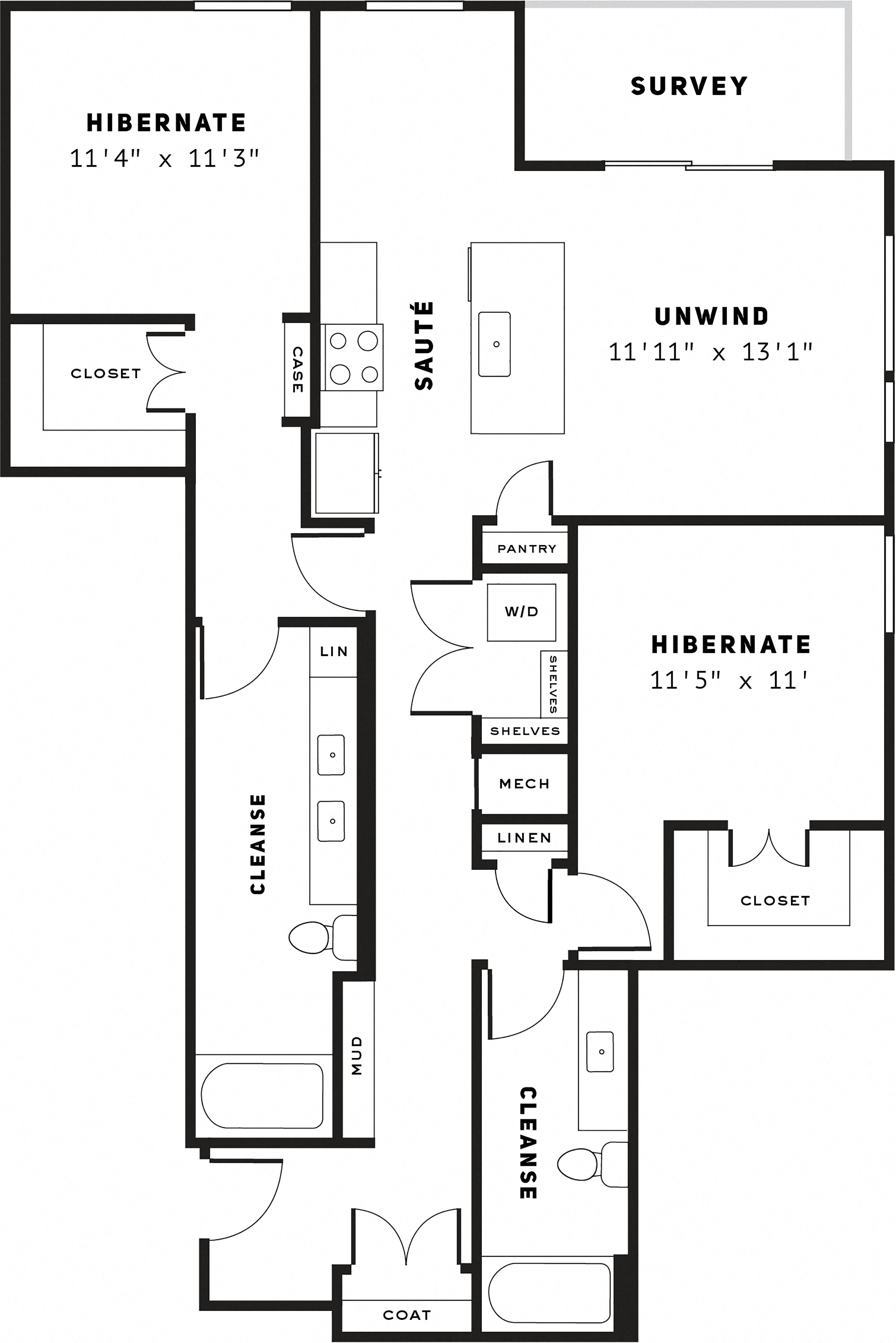 Floor plan for 2 beds, 2 baths, 1245 sqft